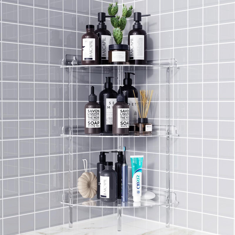 Bakzon Corner Shower Caddy, 3 Tier Acrylic Shower Organizer Corner for Inside Shower, Rustproof Floor Standing Shower Shelves for Bathroom, Clear - Image 1